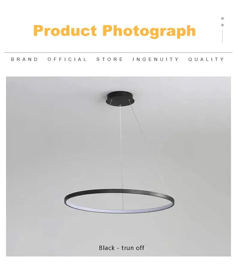 Modern round LED pendant light in black with white inner glow, Simples Market chandelier