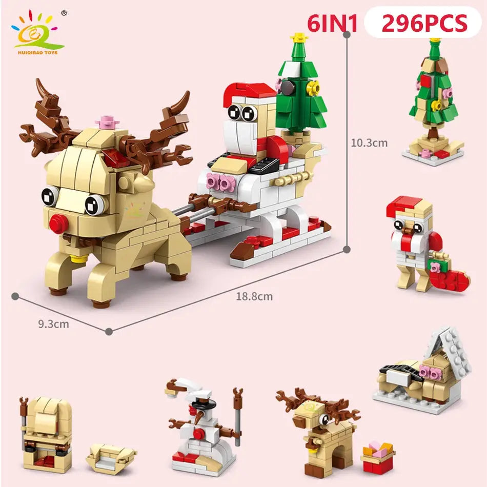 HUIQIBAO 6 In 1 Christmas Building Blocks Set Elk Deer Santa Claus Snow House Xmas Tree Bricks Toys for Children Gifts
