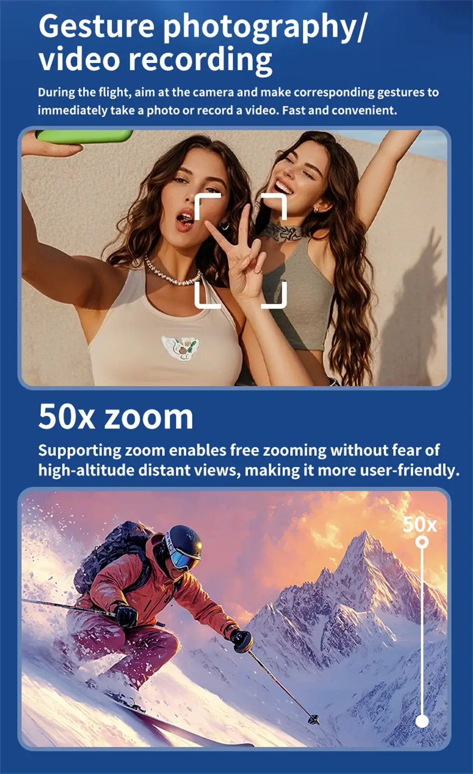 Drone GT3 MAX by Simples Market promotional banner with two women posing for gesture photography and 50x zoom visuals