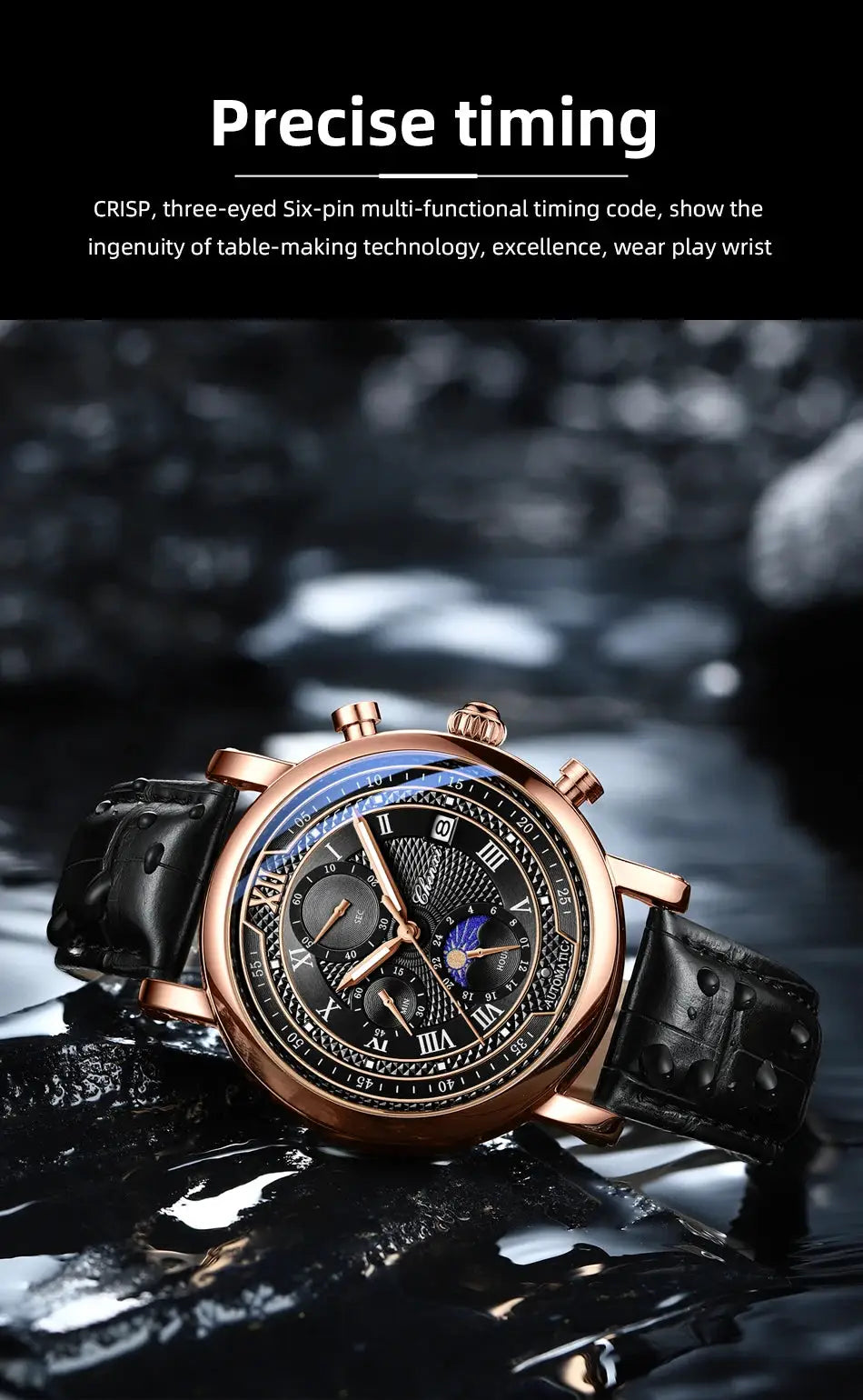 Chenxi 976 leather chronograph date men's watch with rose-gold case and moon-phase indicator
