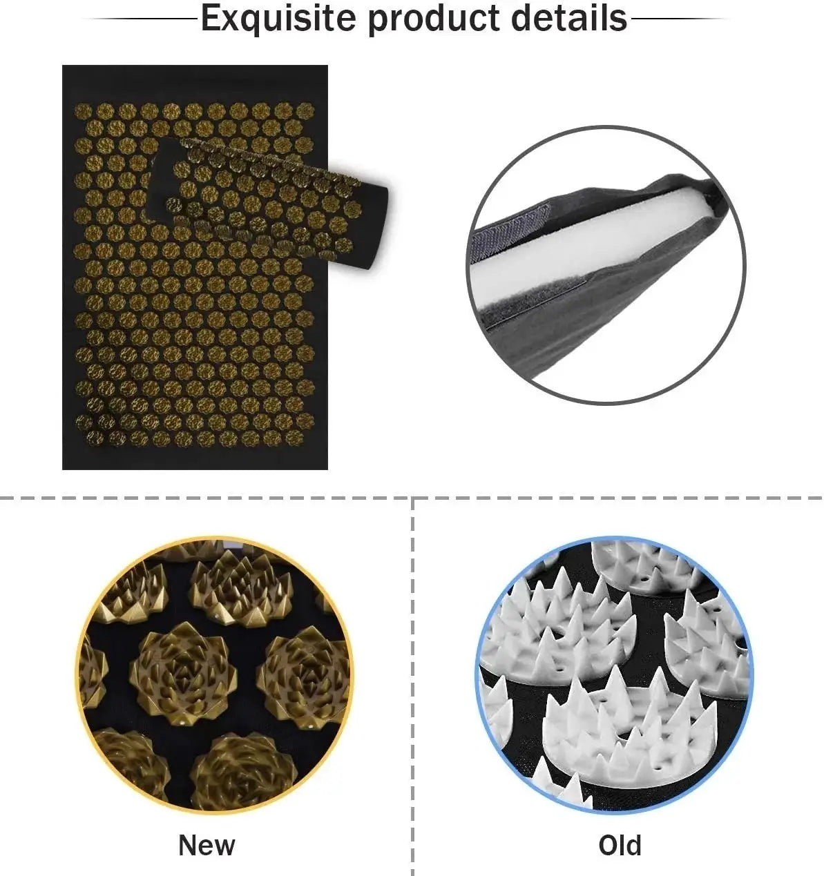 Acupressure yoga mat with spike cushions; black mat featuring gold spikes and edge padding