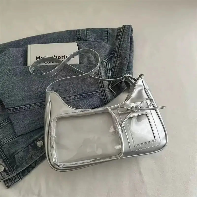 Y2K Harajuku transparent ita bag, silver metallic crossbody with clear panels