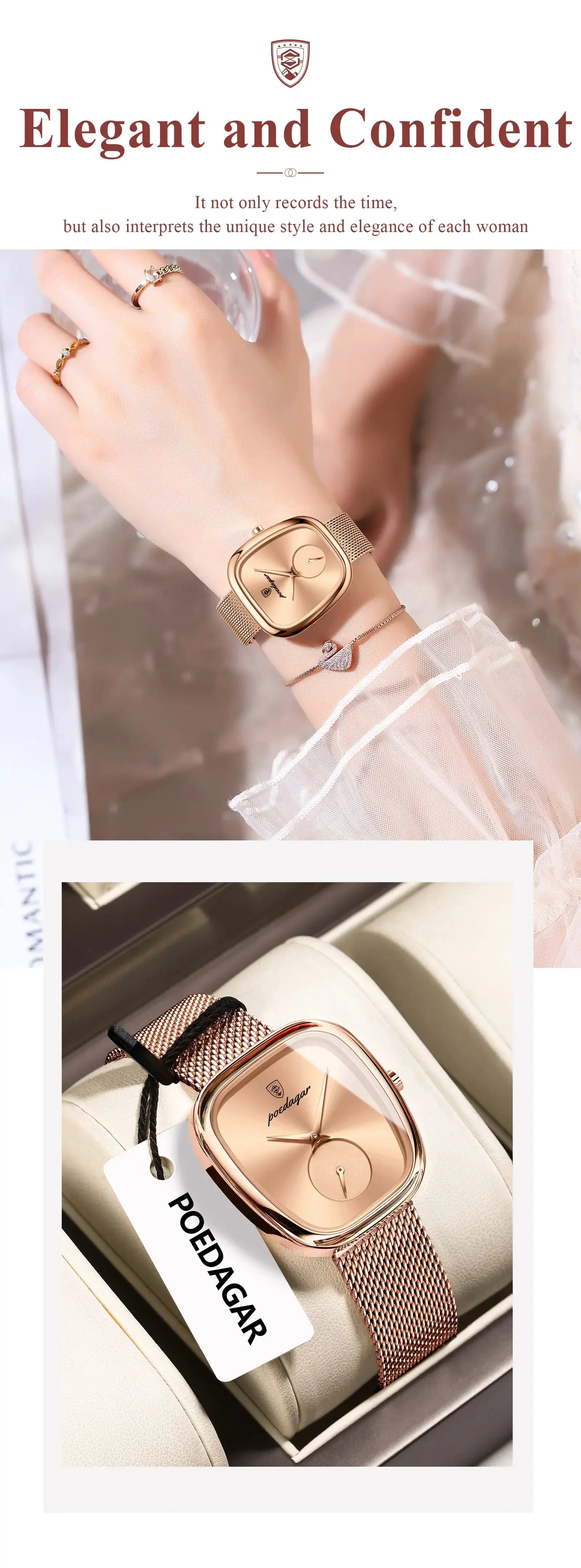 POEDAGAR luxury women's watch with rose-gold stainless steel mesh band, waterproof quartz wristwatch (2 shown)