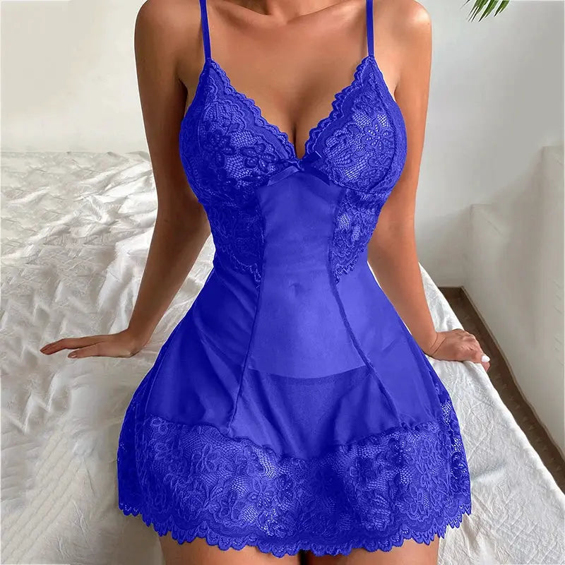 LaceLux Lace Chemise Nightgown Plus Size Deep V Neck Bow Accent Flattering Sleepwear