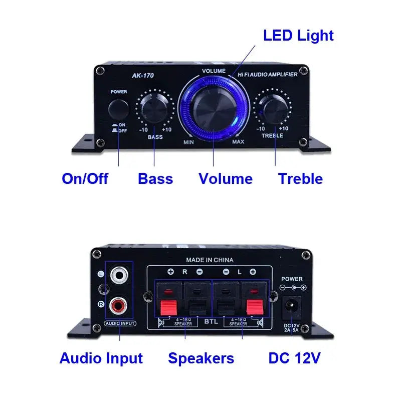 AK170 Mini Digital Power Amplifier 200W Per Channel Stereo Car Home Theater Blue LED Light For Club Party Music