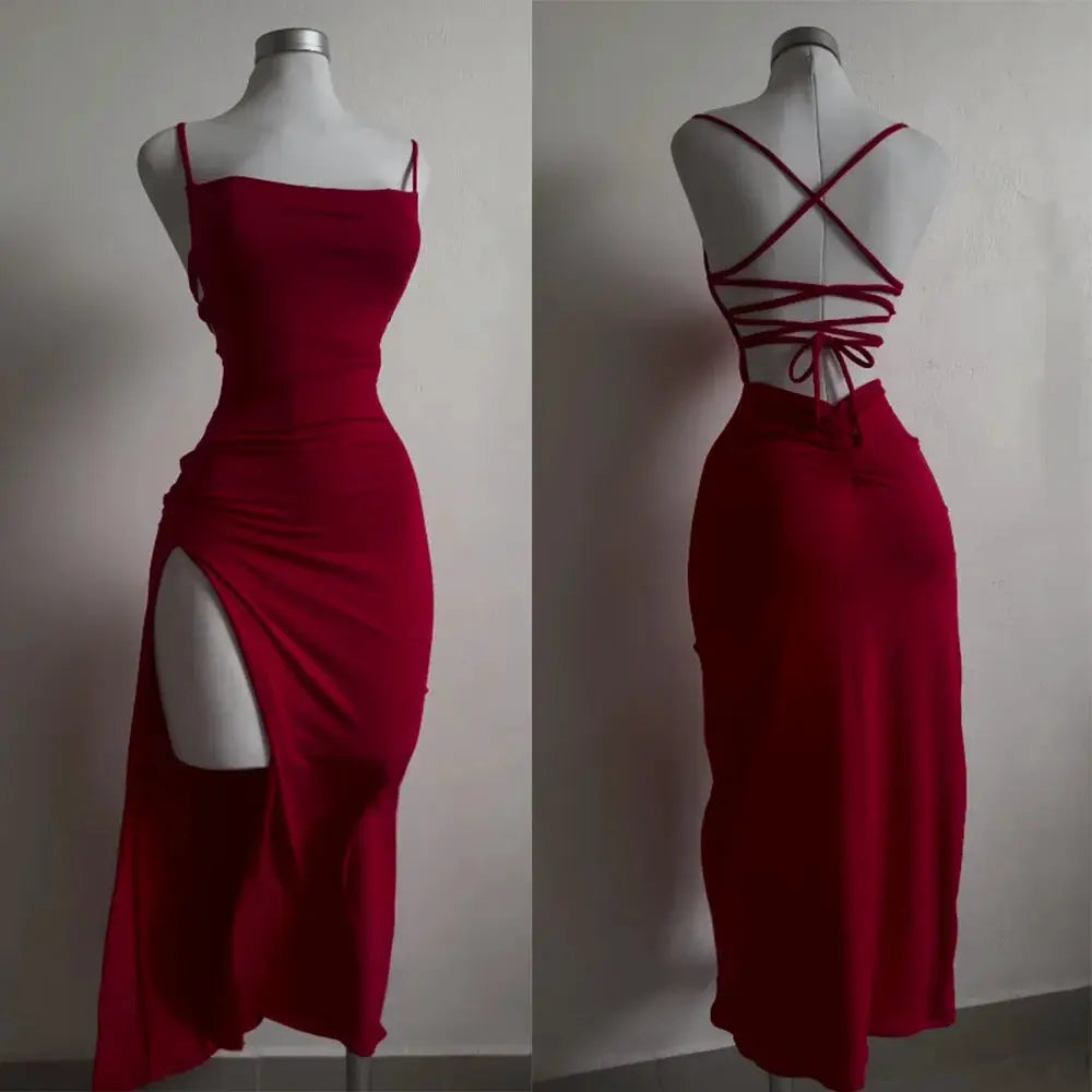 VibeLux Backless Lace Up Maxi Dress Bodycon Fit With Thigh High Split For Party Ready Look