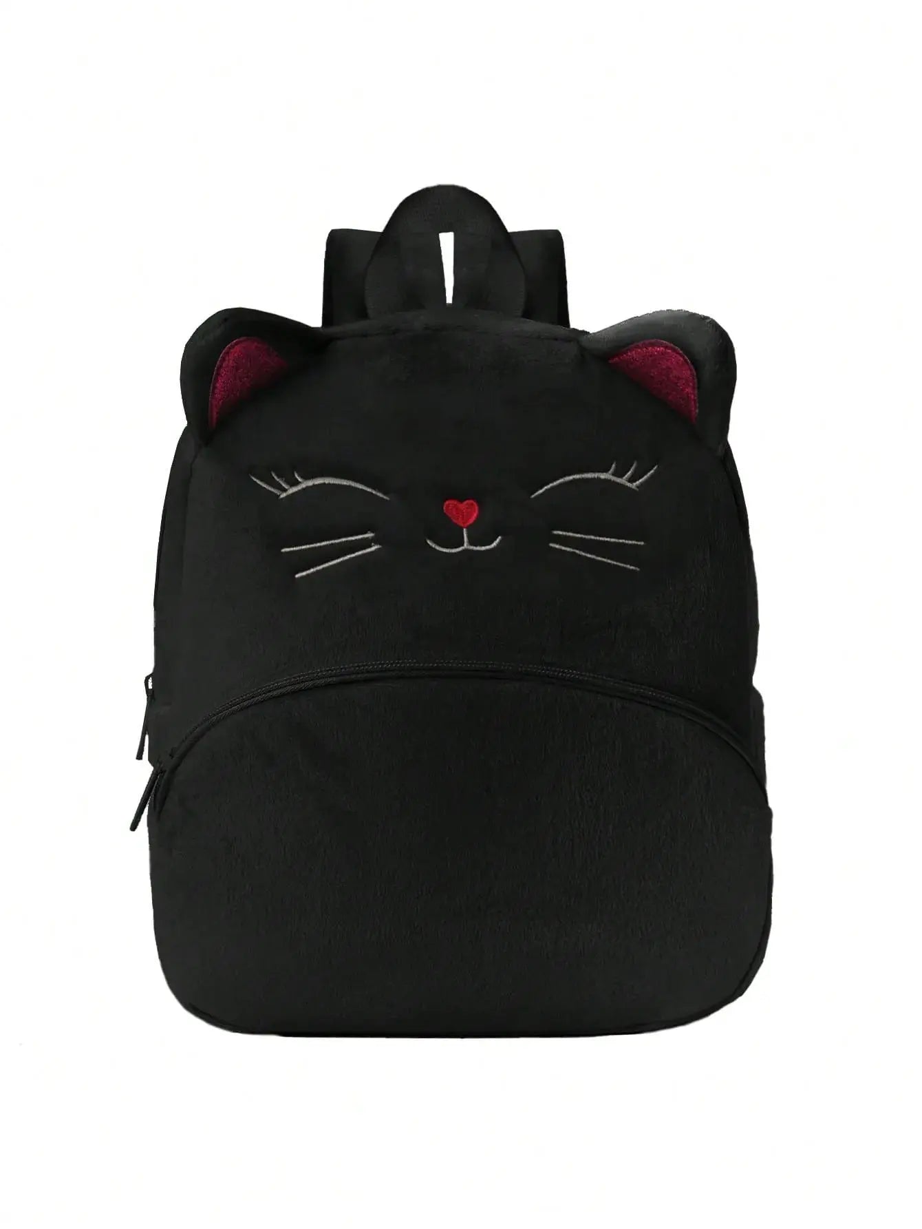 Simples Market plush cat backpack in black with embroidered face and pink ears