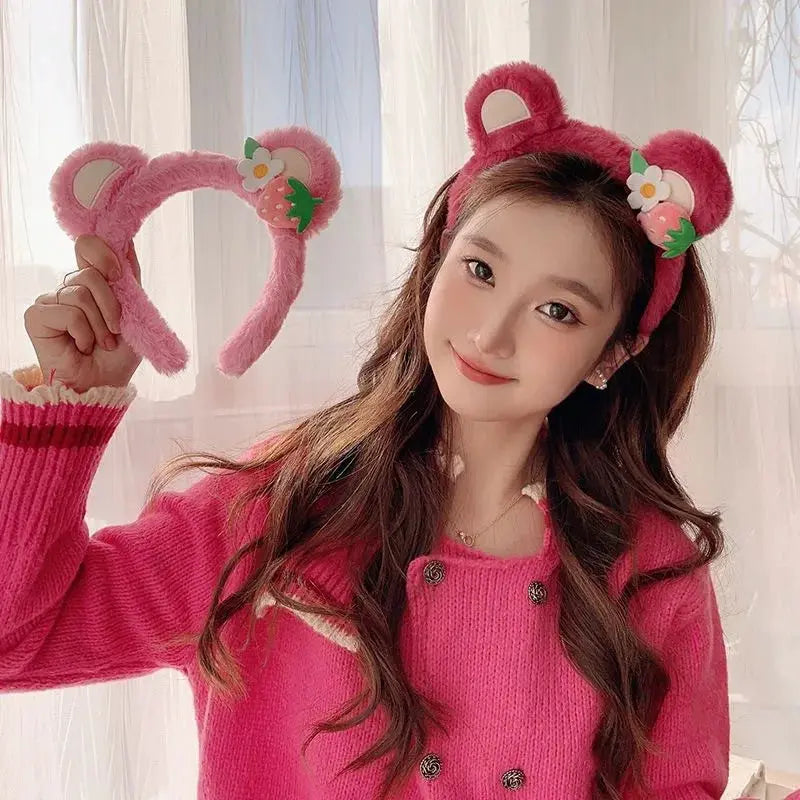Strawberry Bear Plush Headband For Women Soft Hairband For Face Wash And Skincare Cute Fashion Accessory