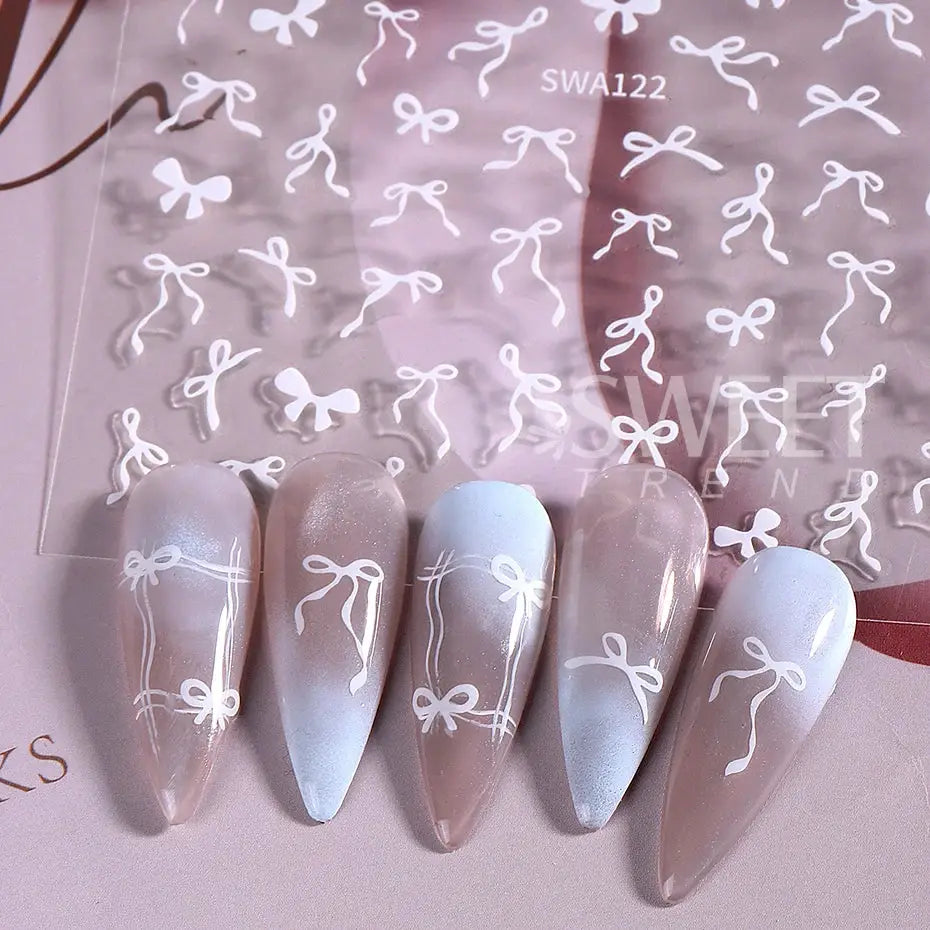 Bowknot ribbon nail stickers by Simples Market; pastel pink and blue self-adhesive lace bow decals (4/8pcs)