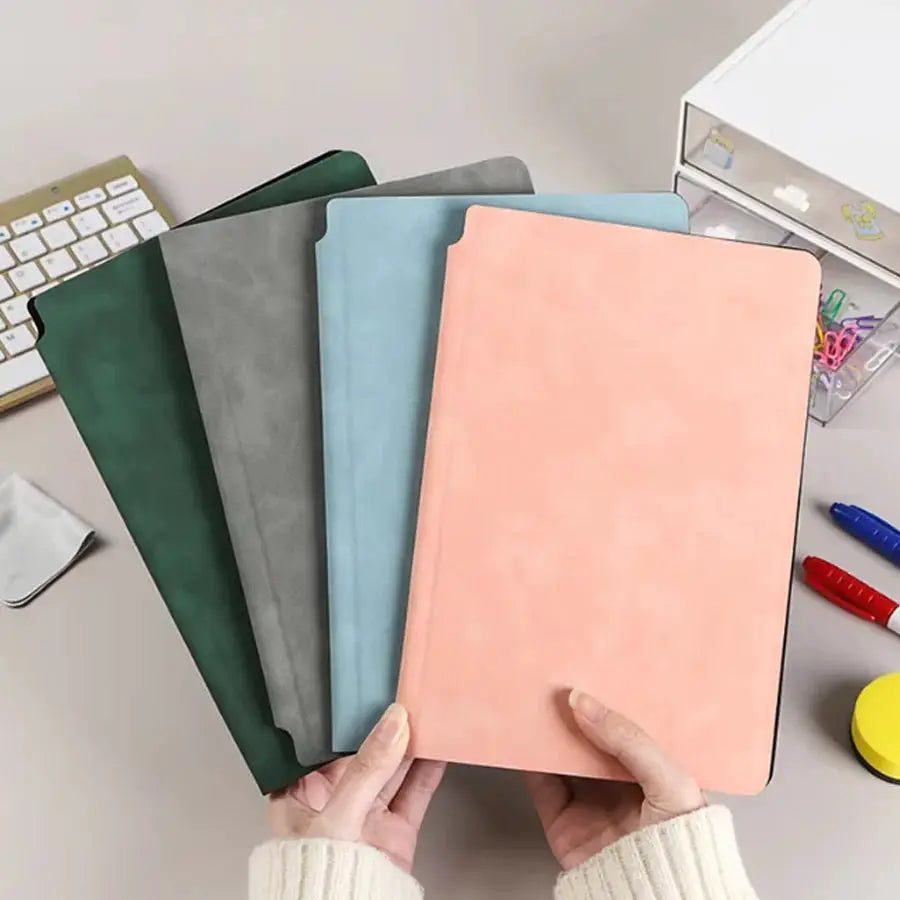 A5 leather memo pad set by Simples Market in five colors peach, light blue, gray, dark green, forest green with pen