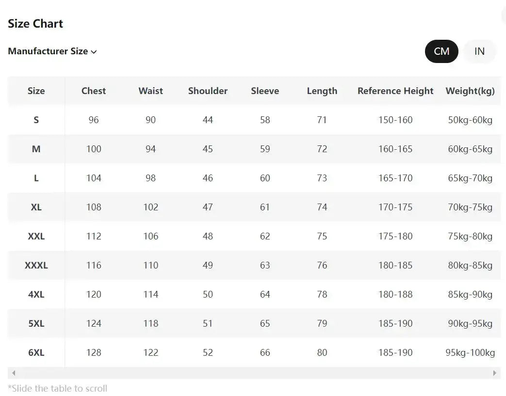 Classic Winged Collar Dress Shirt size chart with chest, waist, shoulder, sleeve, length measurements.