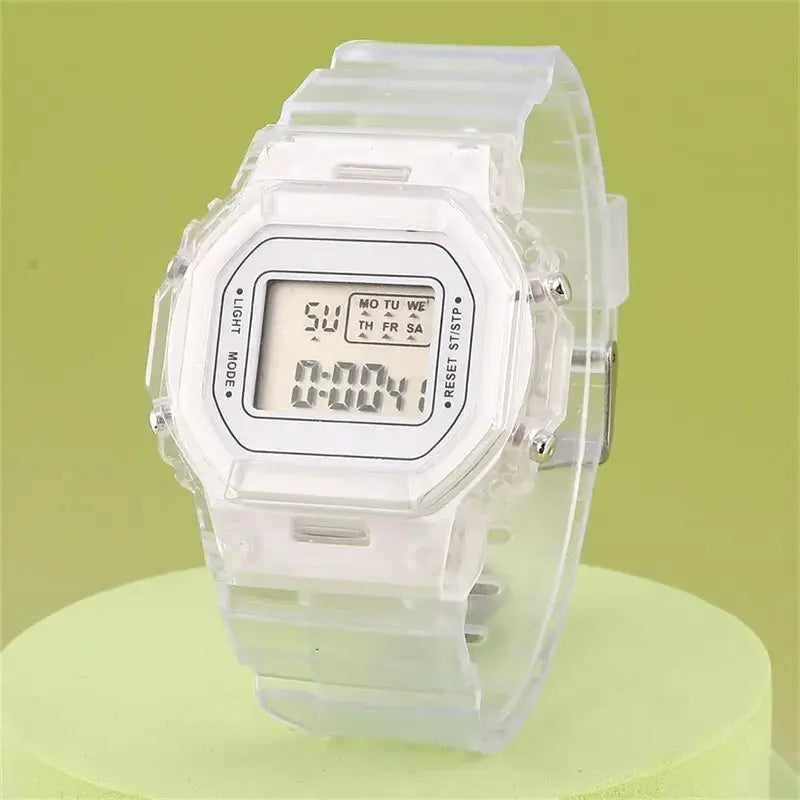 LED digital watch with translucent silicone strap and white display; unisex sporty military-style timepiece
