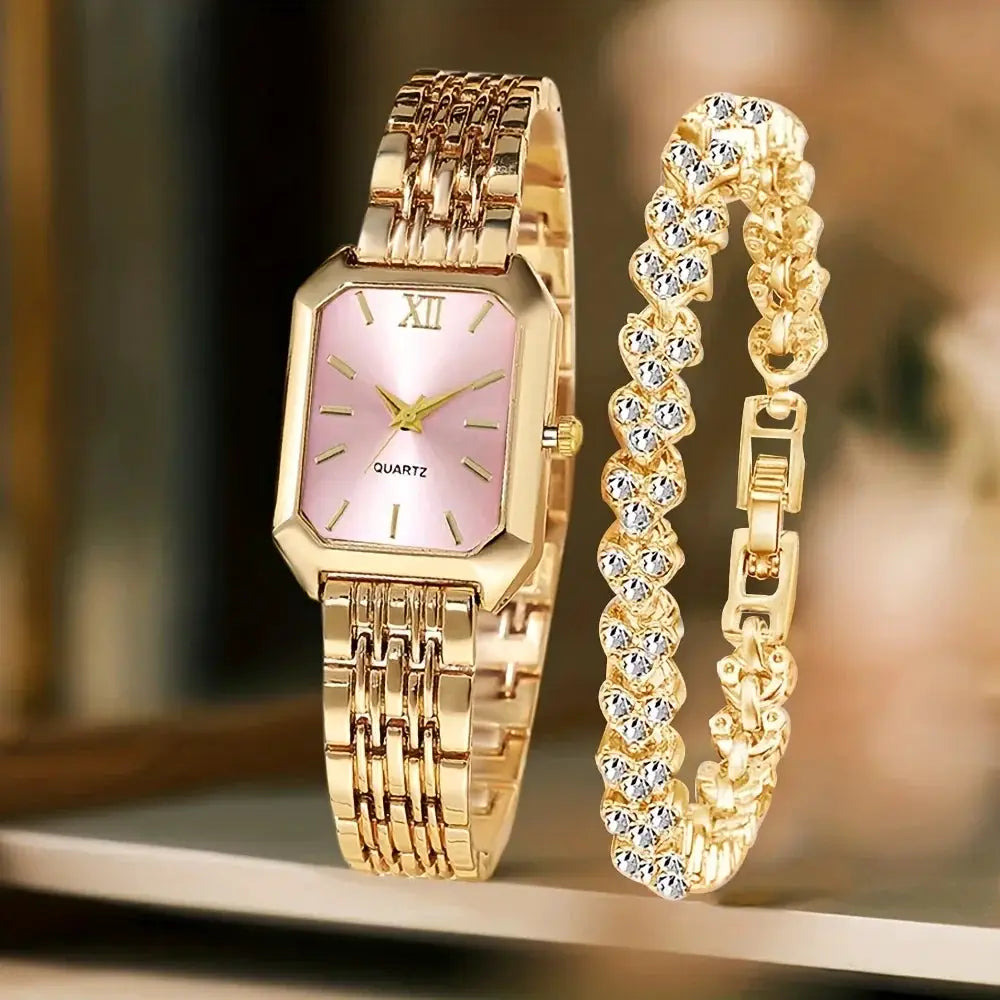 Gold-tone rectangle women’s watch with pink Roma dial, paired with rhinestone bracelet set (2-piece)