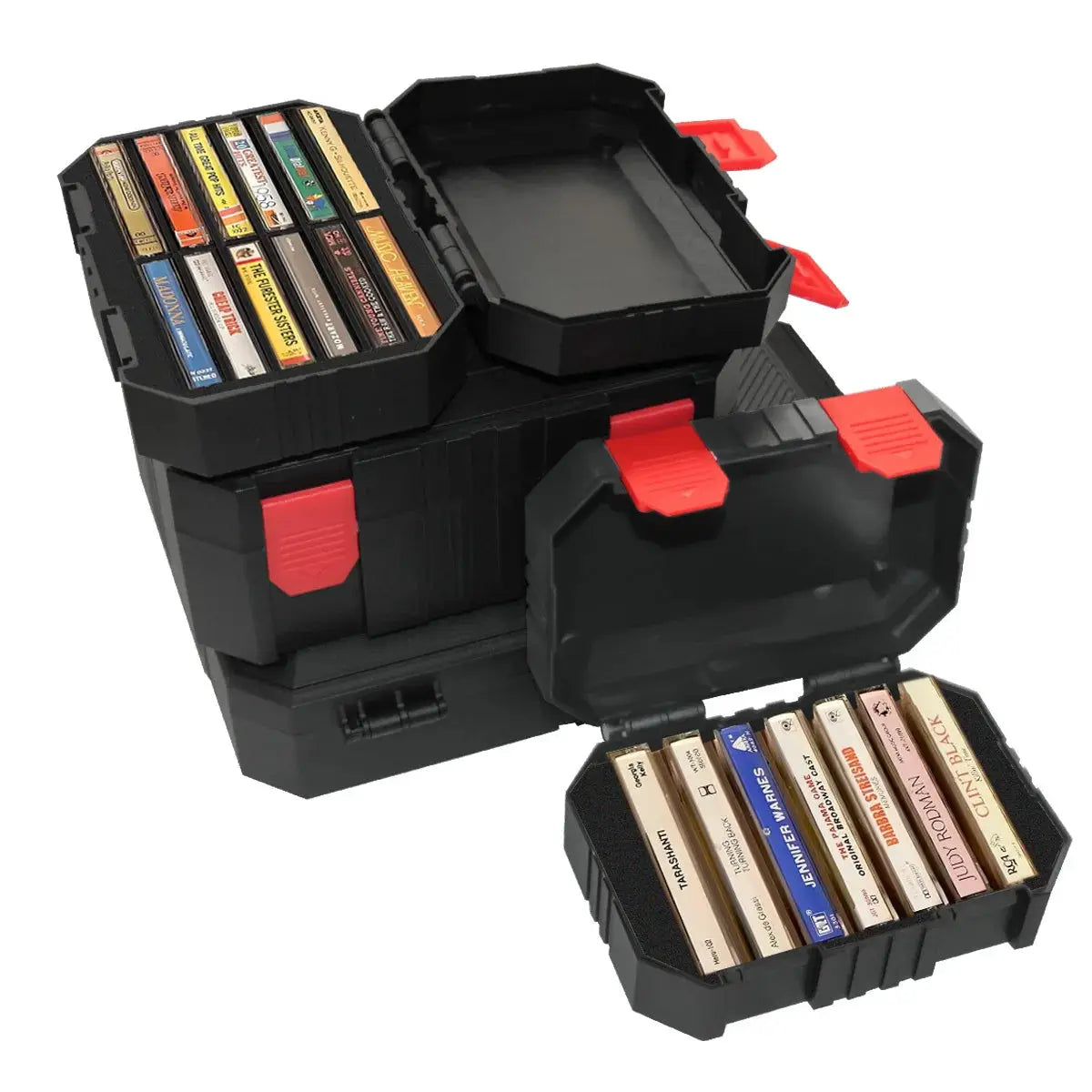 Simples Market plastic toolboxes set, black with red latches and removable trays for carpentry hardware.