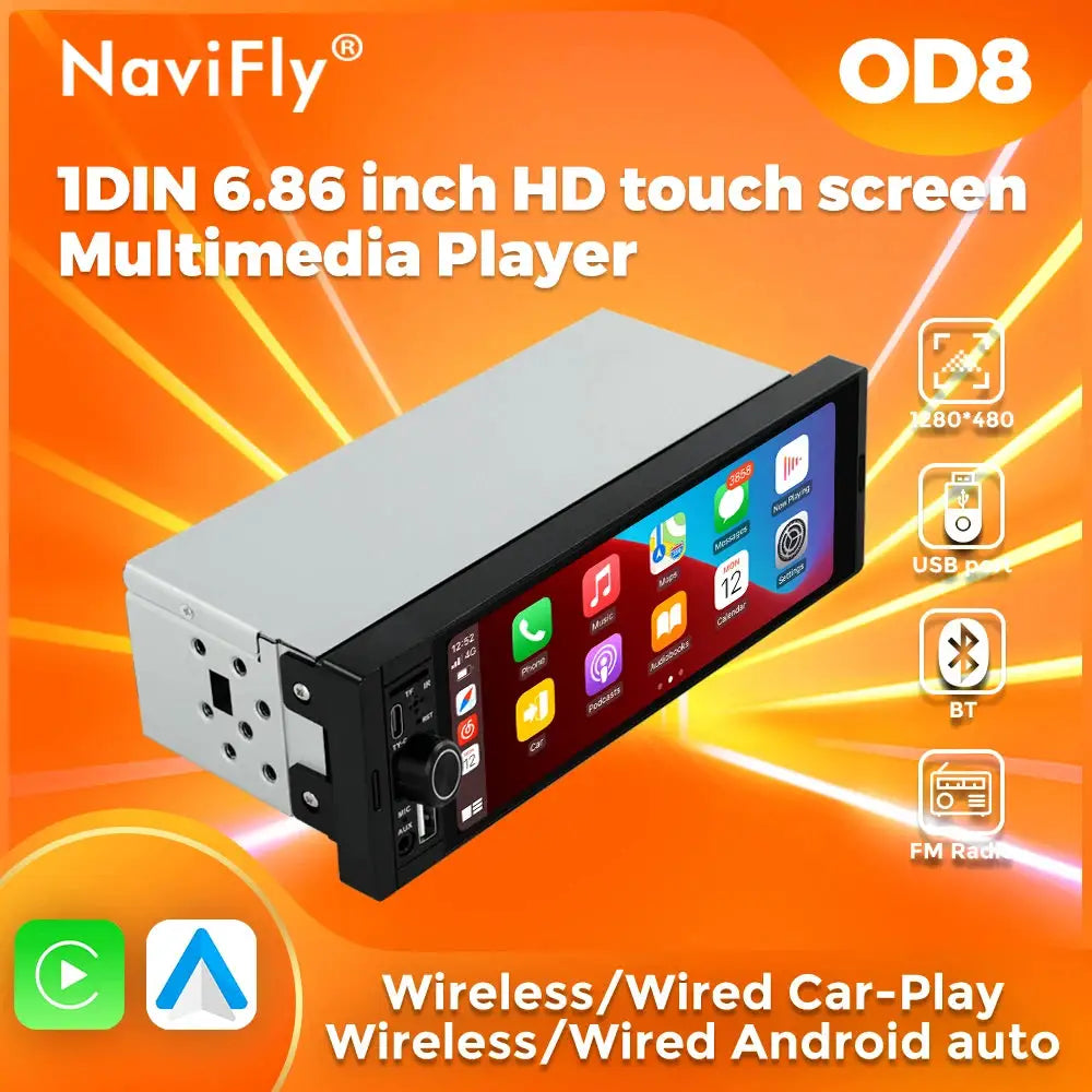 NaviFly OD8 6.86-inch 1DIN MP5 car radio with HD touchscreen, wireless CarPlay and Android Auto