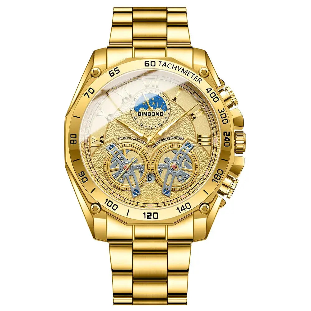 BINBOND gold men's luxury quartz watch with decorative skeletal dial, chronograph subdials, stainless steel bracelet.