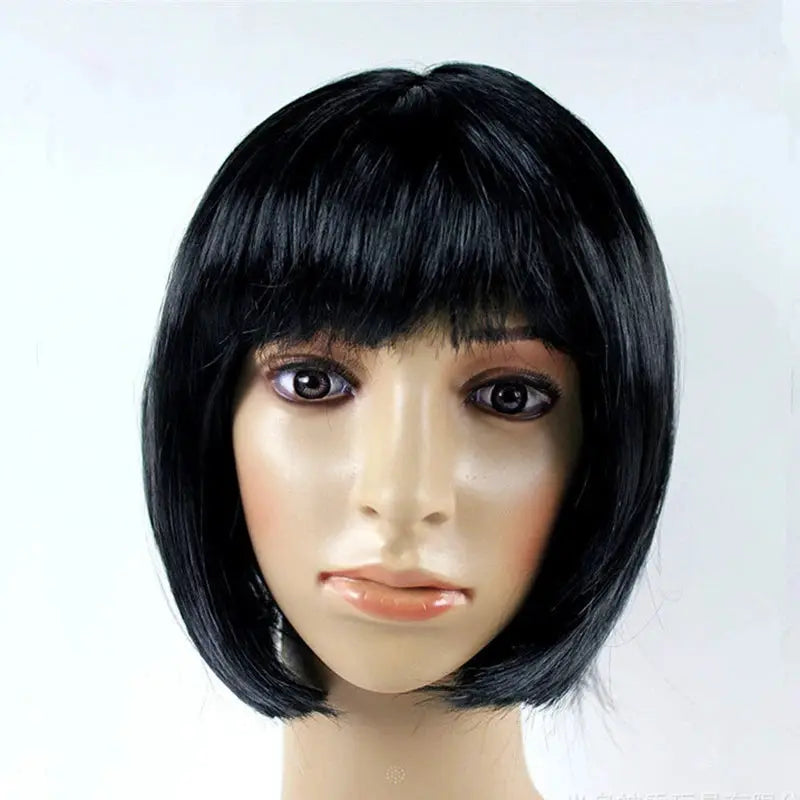 Bob wig, short black synthetic bob with fringe, Simples Market