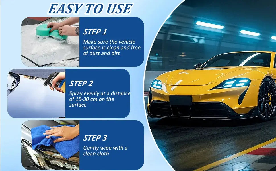Car coating spray infographic with three-step instructions and a yellow sports car