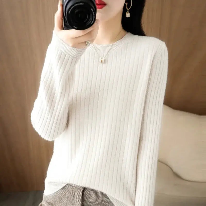 Aurora Knitwear Warm O Neck Stripe Loose Fit Sweater For Autumn Winter Layering Cozy Knit