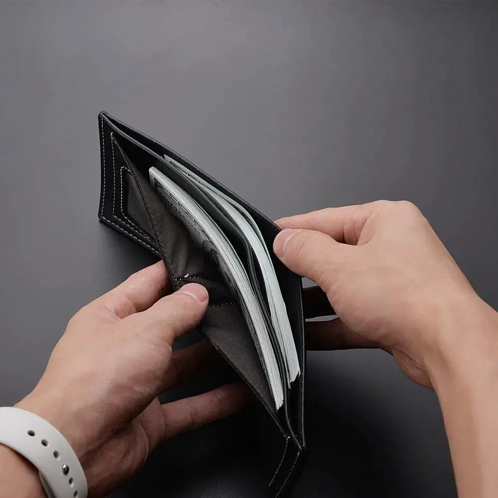 Men's slim PU leather short wallet with folding design, card slots and cash compartments