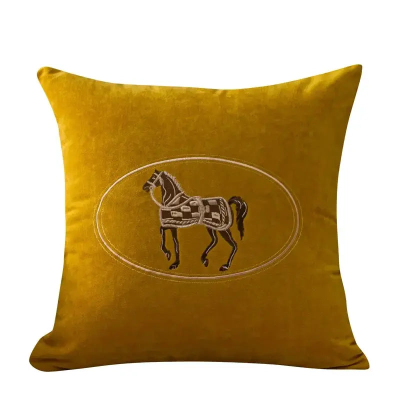 Cushion cover, mustard yellow velvet with hand-embroidered horse inside an oval, 45x45 cm