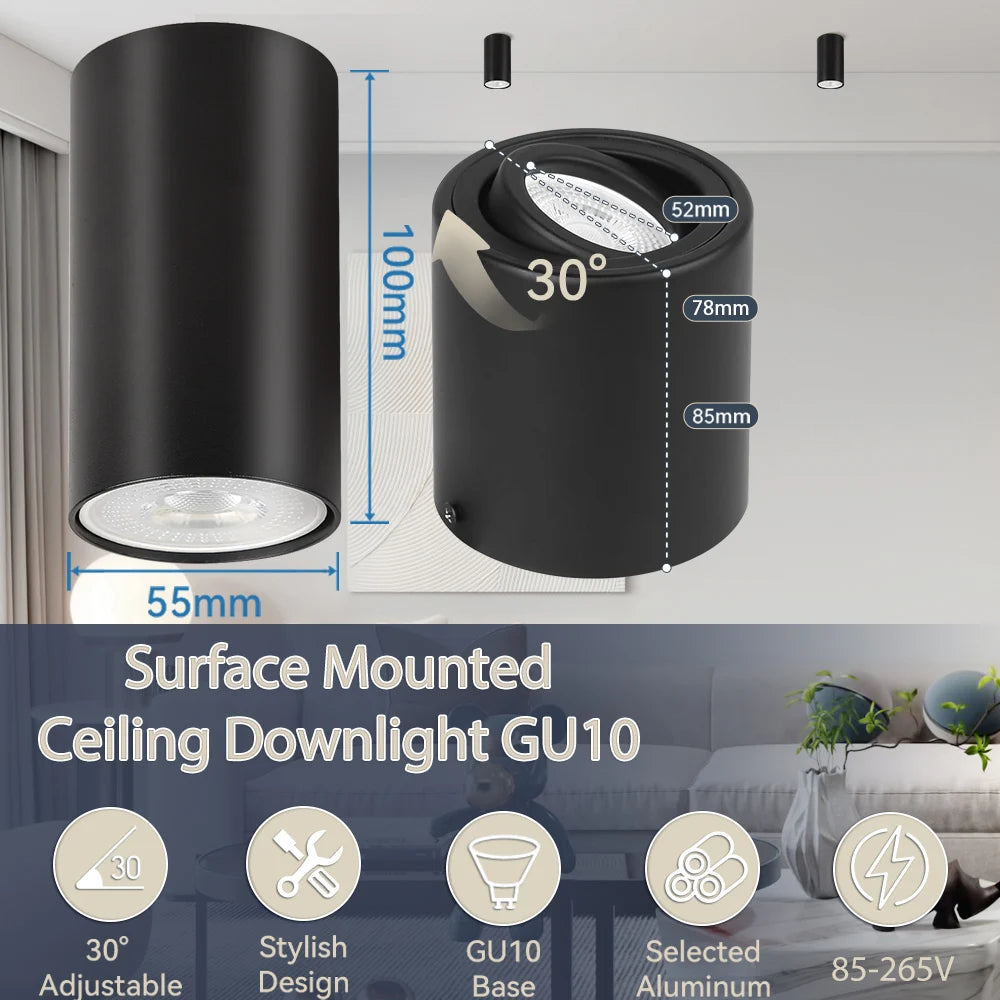 Two black GU10 surface-mounted ceiling downlights with 30° adjustable beam.