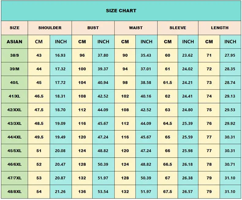 Simples Market bamboo fiber men's long sleeve shirt size chart for Asian sizes 38/S–48/8XL.