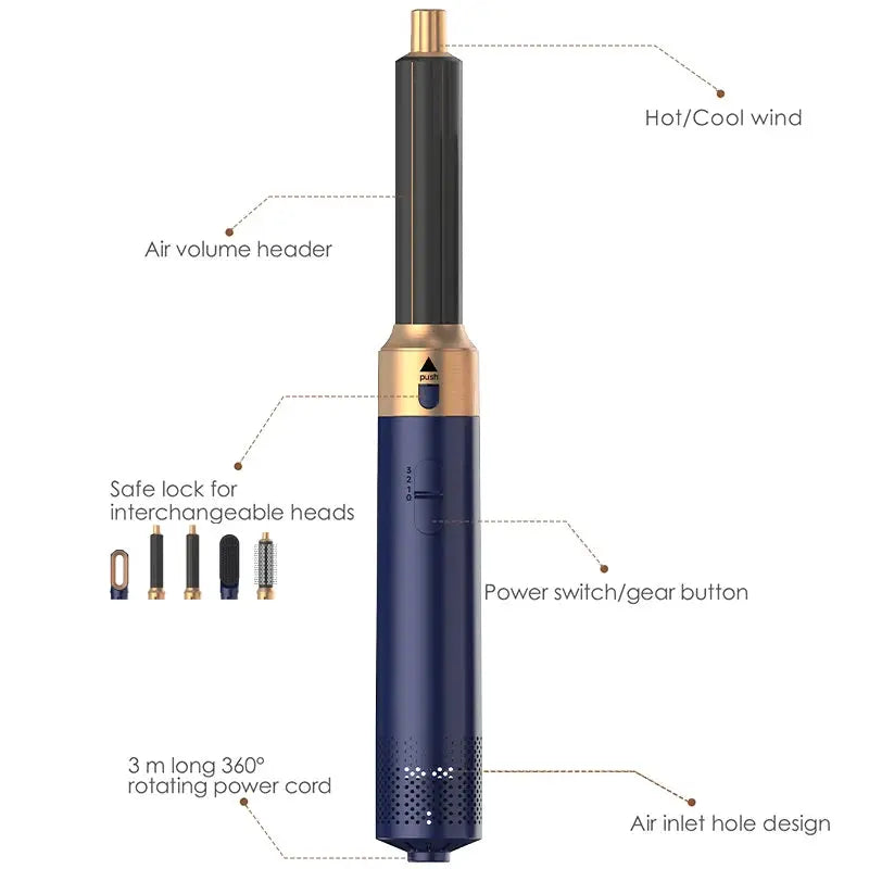 Simples Market 5-in-1 hair styler with five interchangeable heads; blue body with gold accents, hot/cool wind