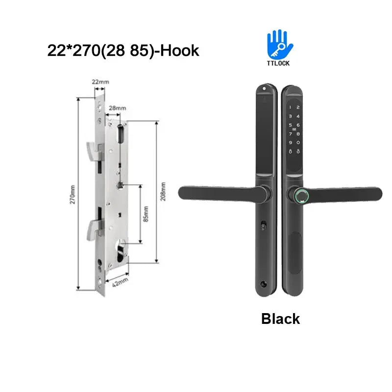 Slim 2.8cm waterproof sliding door smart lock, black with fingerprint keypad, TTLock compatible