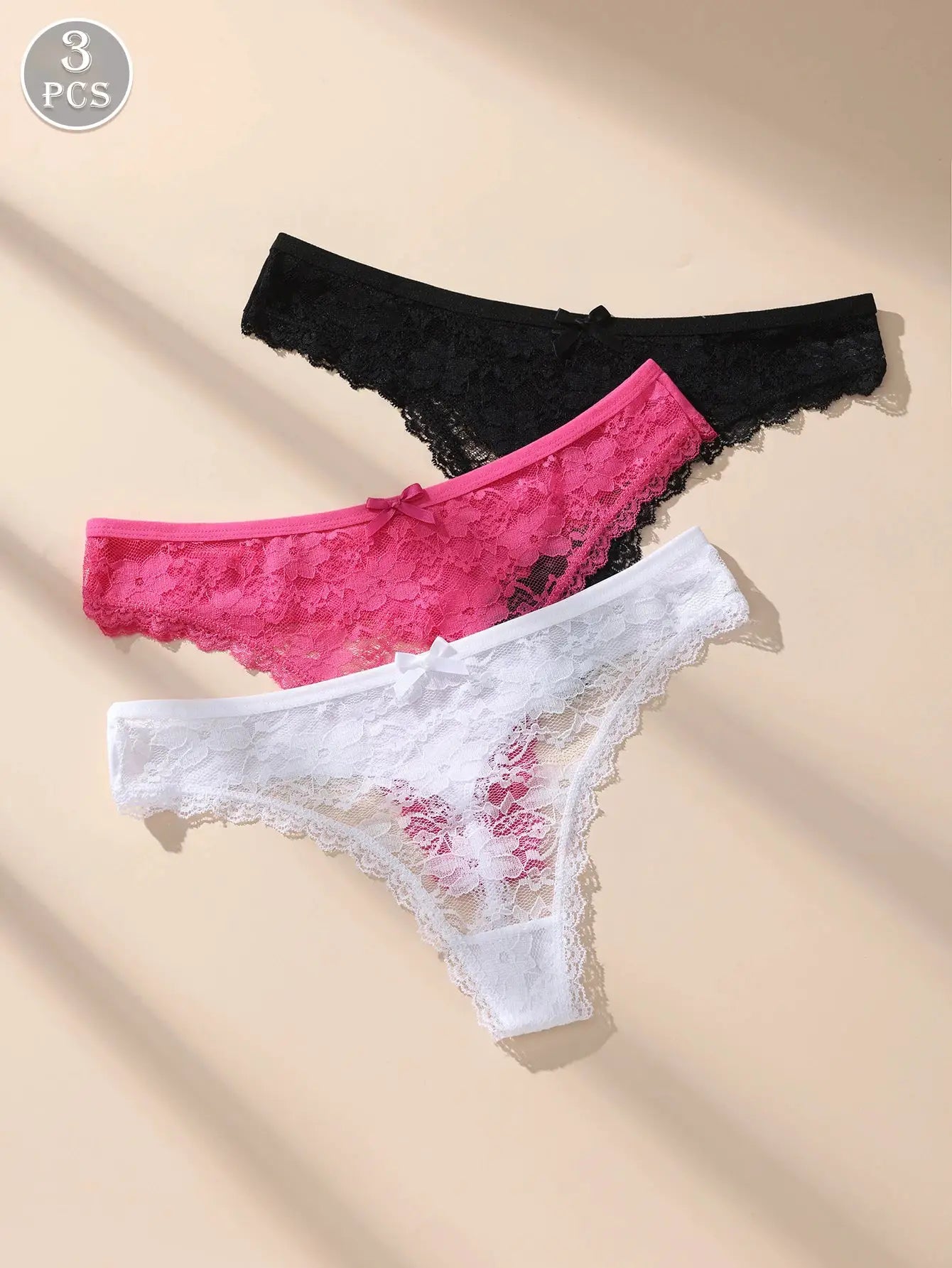 Awesomea lace bow underwear 3-pack for women in black, pink, and white low-rise lace briefs by Simples Market