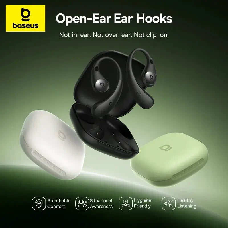 Baseus Eli Sport 2 Open-Ear earphones with earhooks; black buds with white/black/green charging cases, 3 colors