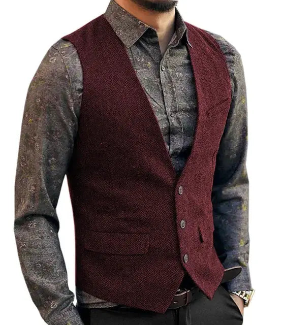 Deep V-neck burgundy herringbone vest for men, slim-fit waistcoat for wedding