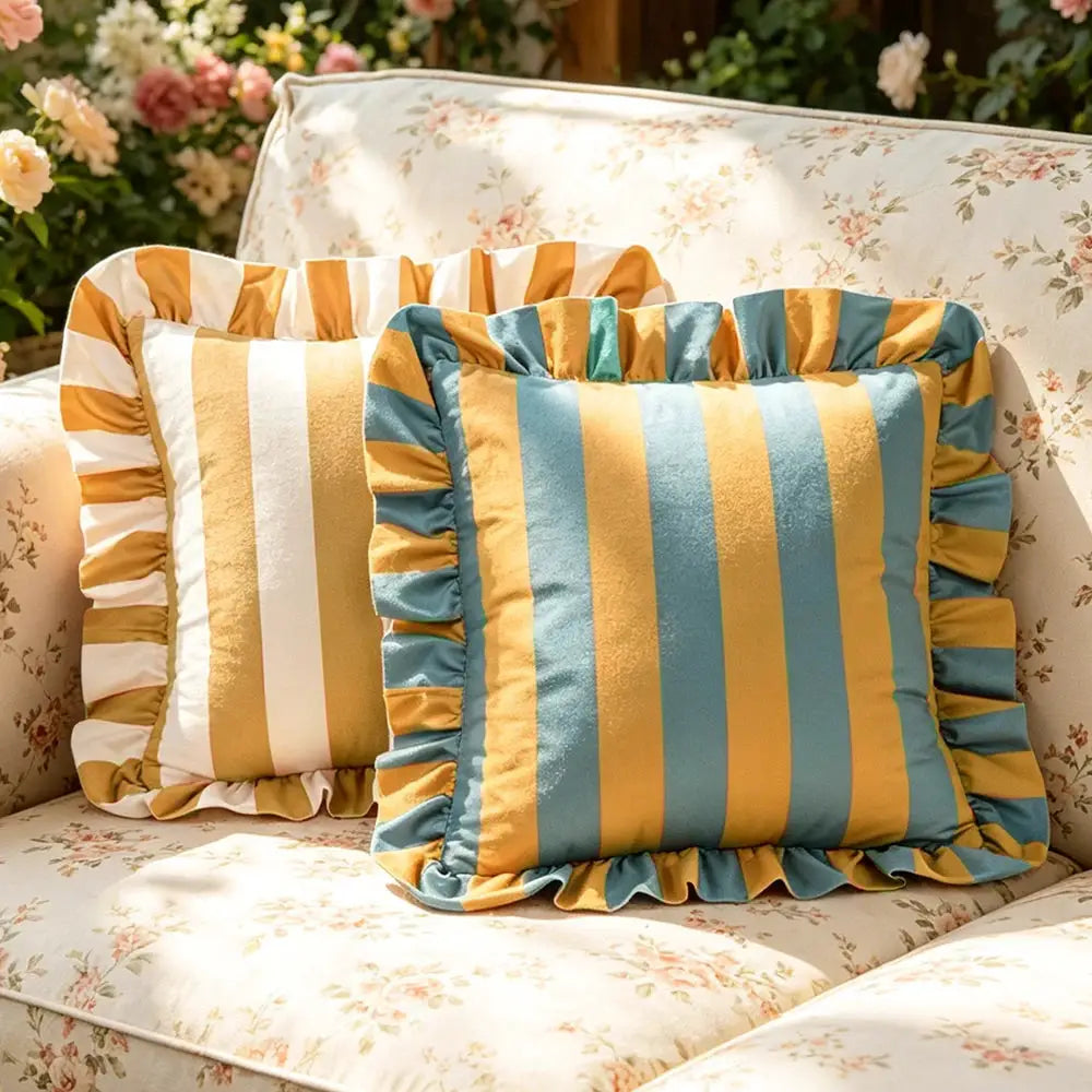 Two 18x18 inch striped velvet pillow covers with teal and mustard stripes and ruffled edges.