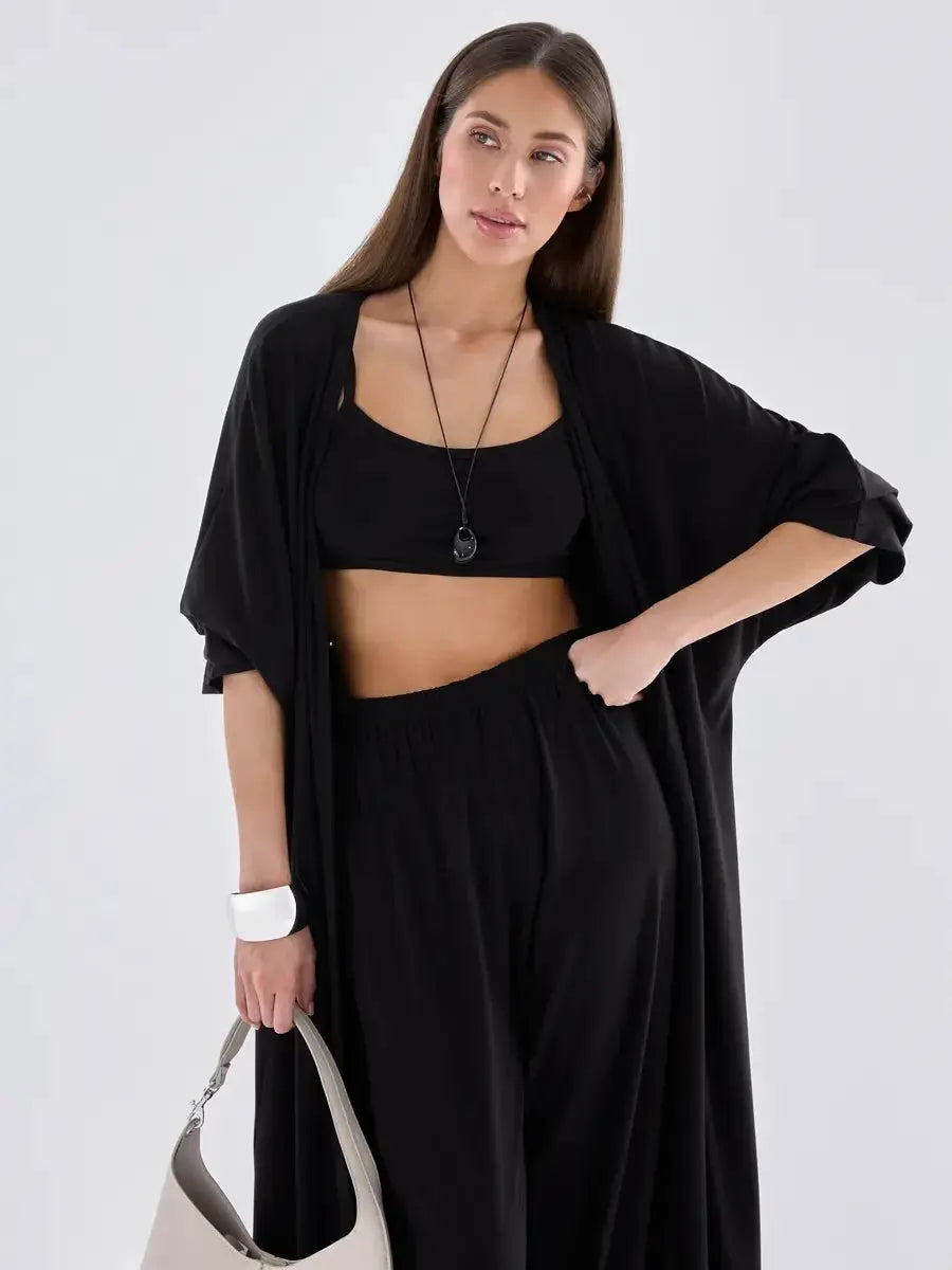 Modal Three Piece Women Set Long Sleeve Cardigan Vest High Waist Pants