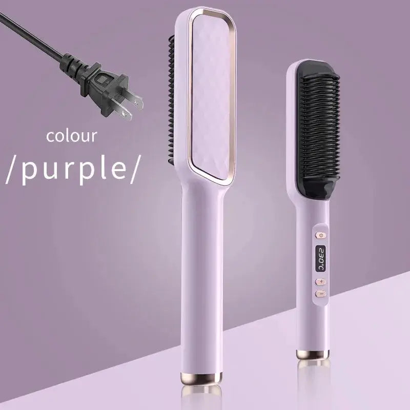 Electric hot comb and hair straightening brush in purple, two-piece set with a digital display on the handle.