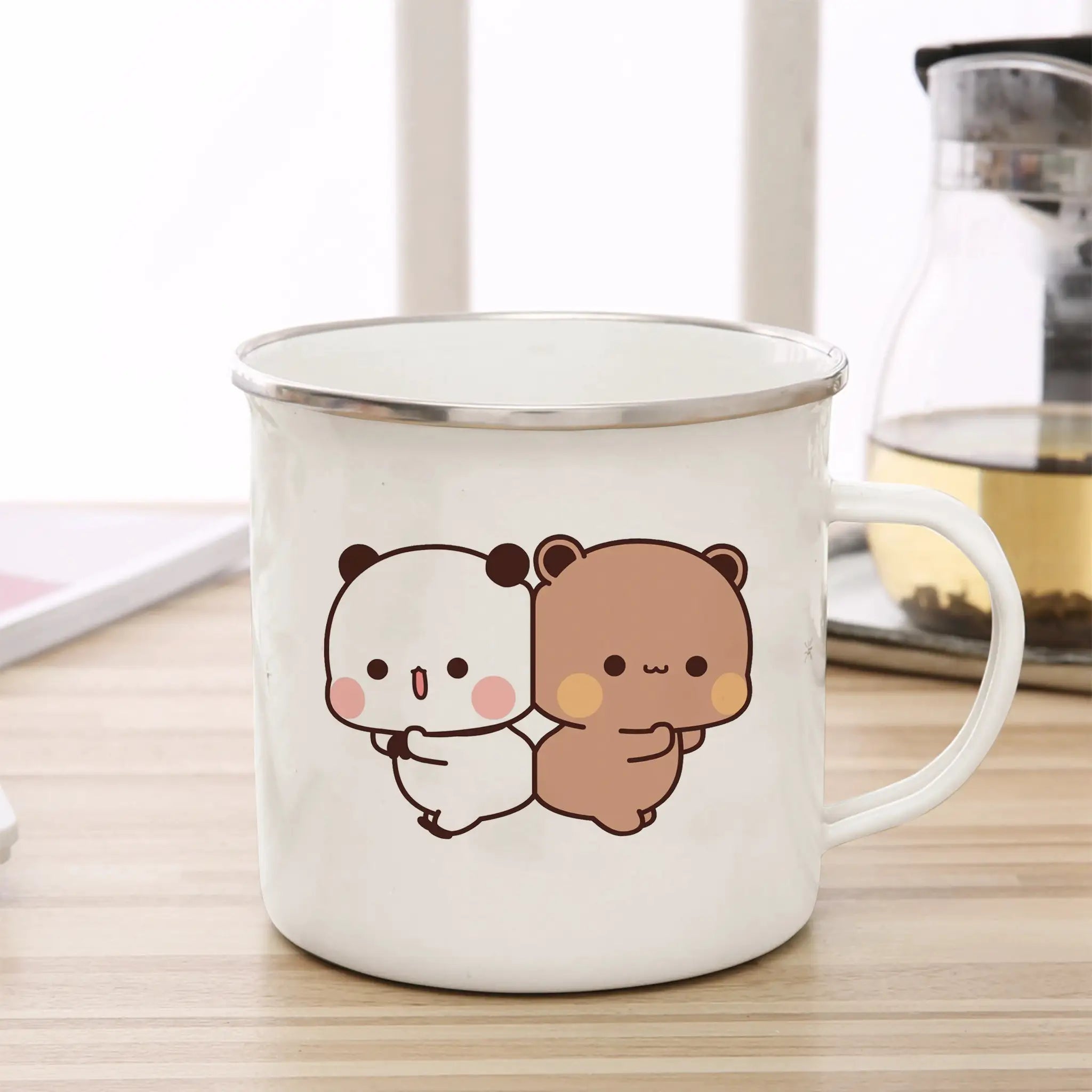 Cute Cup Co Cartoon Milk Mocha Bear Enamel Cup 11oz Eco Friendly Coffee Tea Cup Gift For Couple