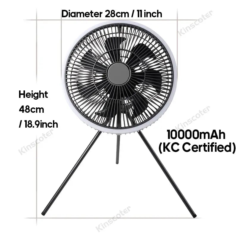 KINSCOTER 11-inch outdoor camping fan on tripod stand with black blades, 10000mAh, KC certified, Simples Market