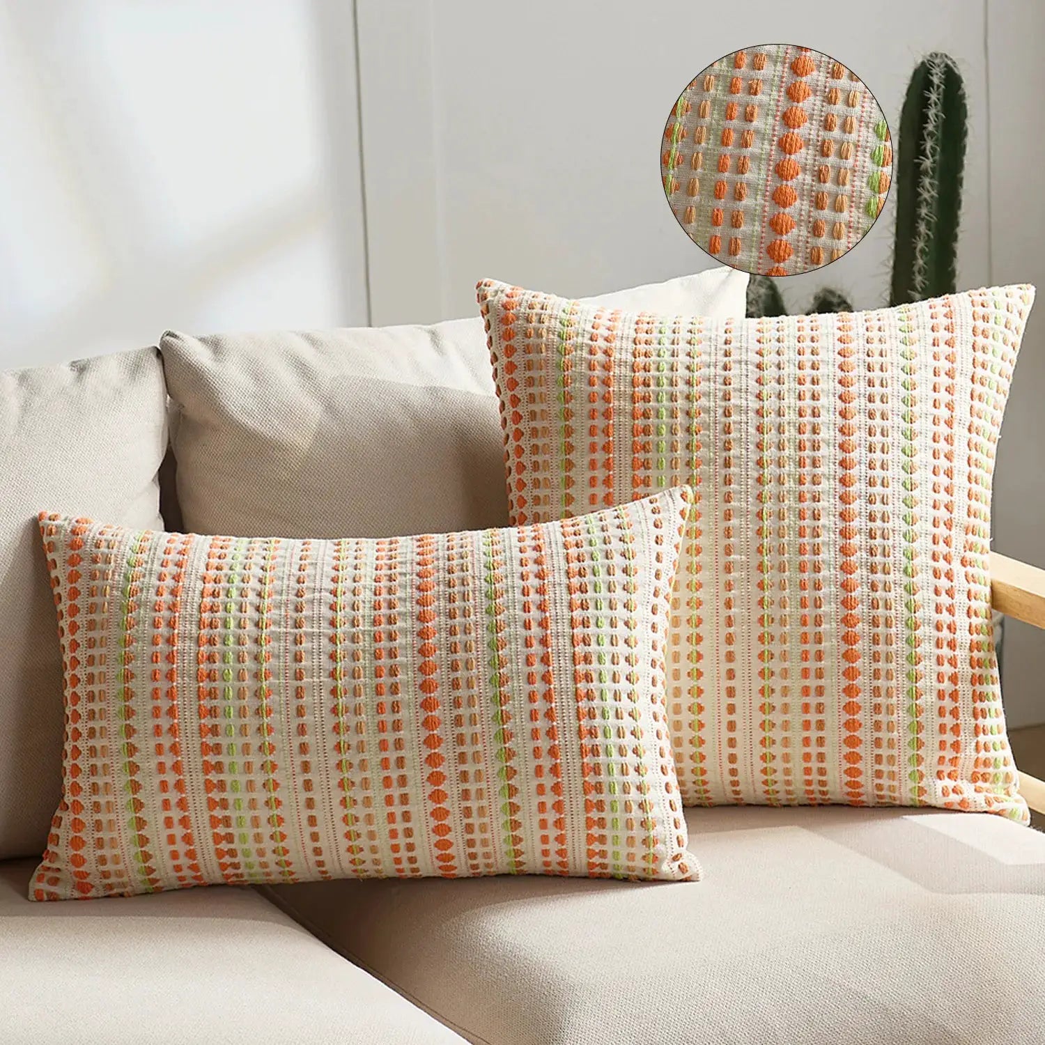 Boho Dots Jacquard cushion covers, 45x45cm, zipper closure, set of 2 in orange, ivory and grey.