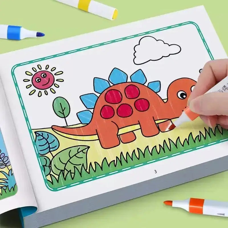 Kids coloring book by Simples Market featuring an orange dinosaur on green grass with crayons.