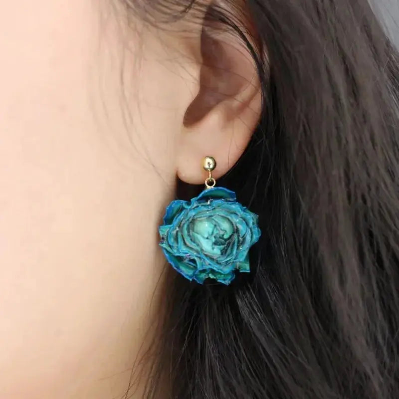 Simples Market blue epoxy rose long earrings with gold stud, real rose petals