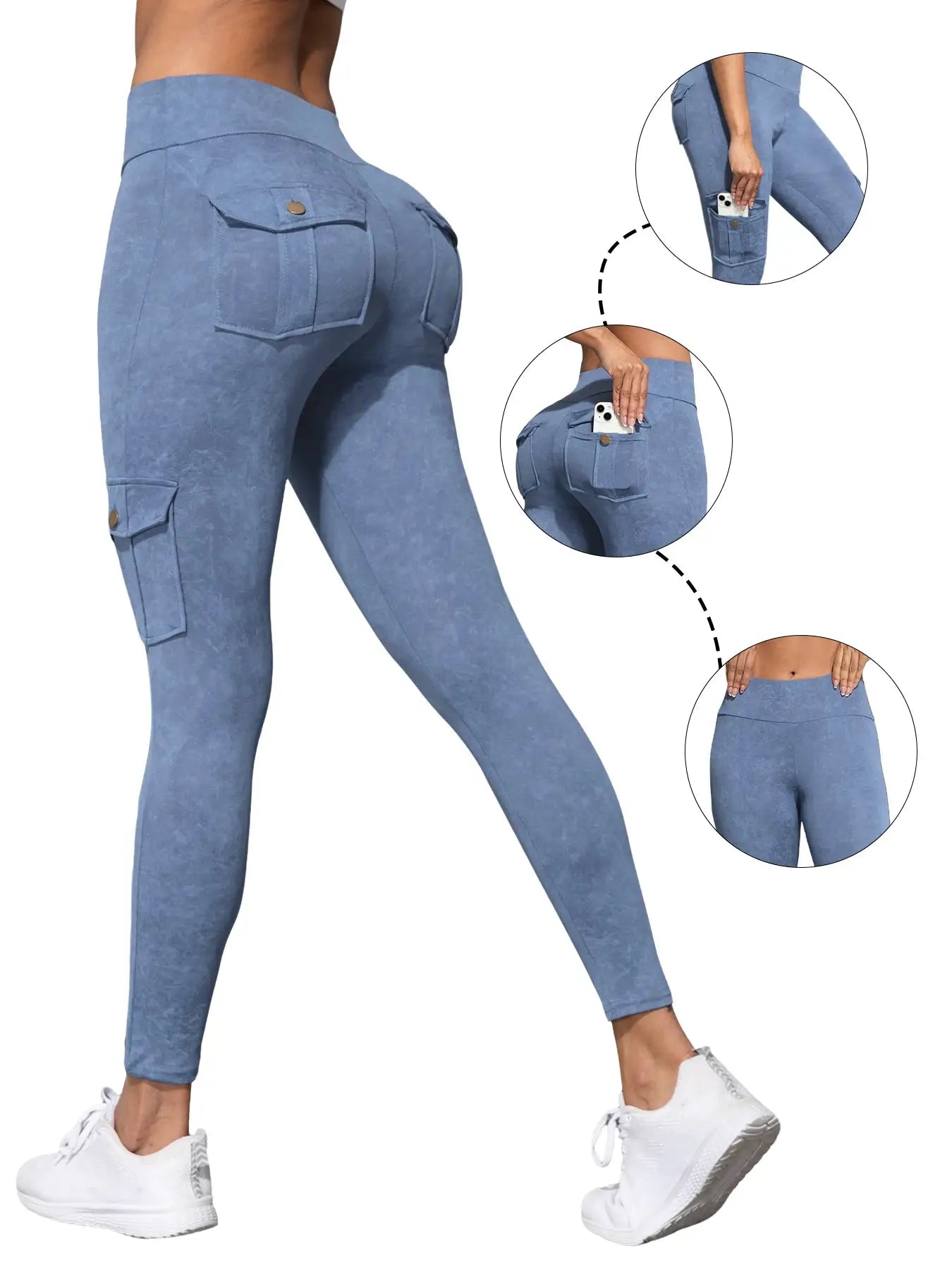 Simples Market blue washed print leggings with back flap pocket and cargo side pockets, butt-lift fit