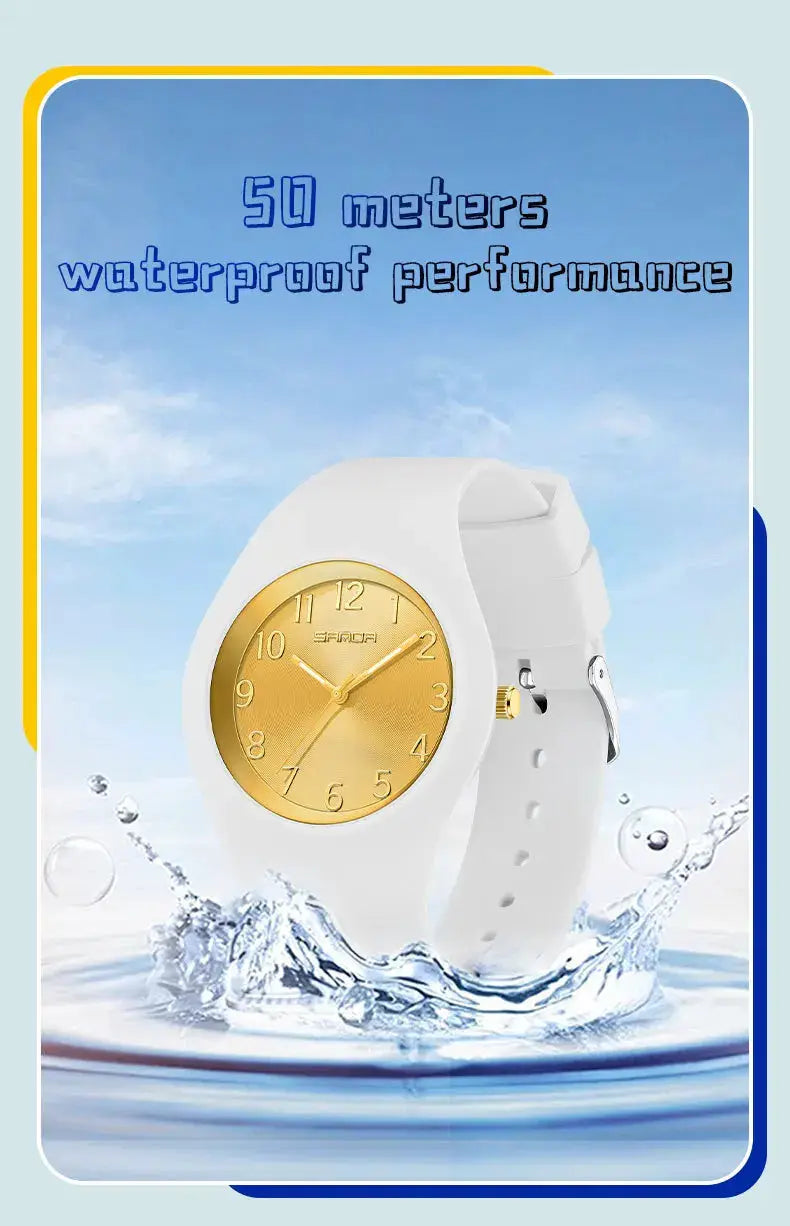SANDA white silicone strap wristwatch with gold dial; 50m waterproof, simple luxury student clock.