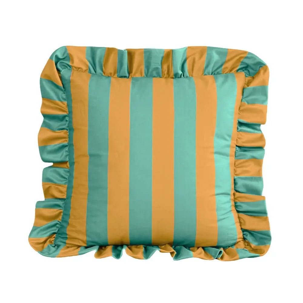 Striped velvet pillowcase 18x18 in teal and mustard with ruffled edges, Simples Market BUYNOW 1PC