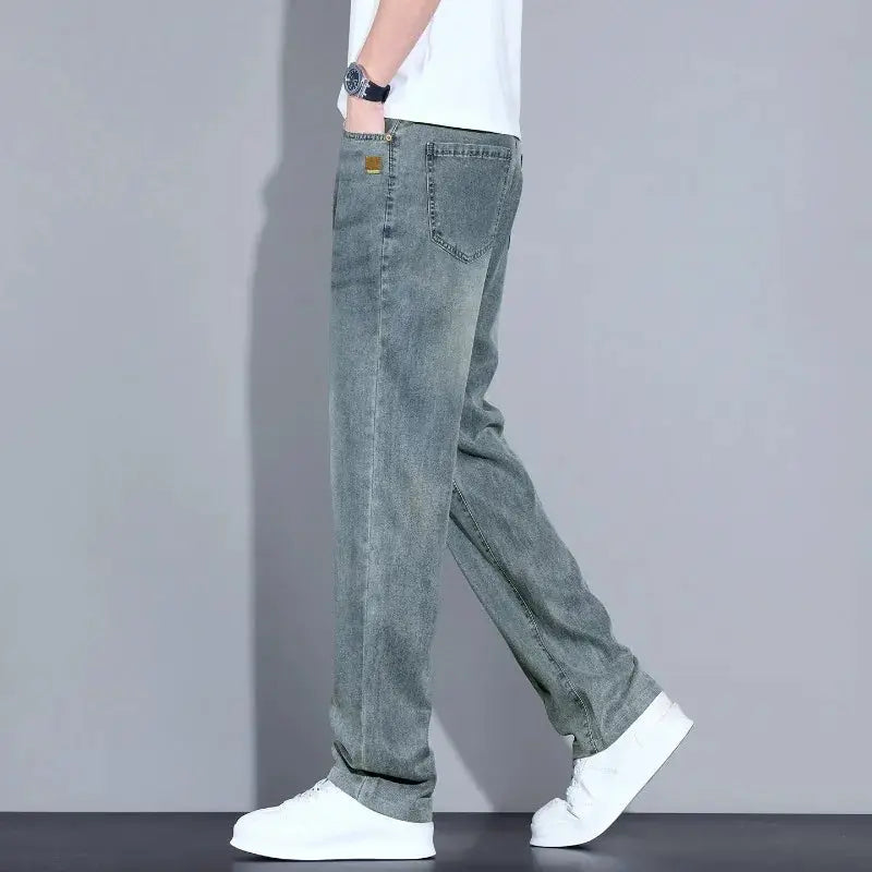 Men's Lyocell Ice Silk Jeans, light-wash denim, straight-leg casual trousers.