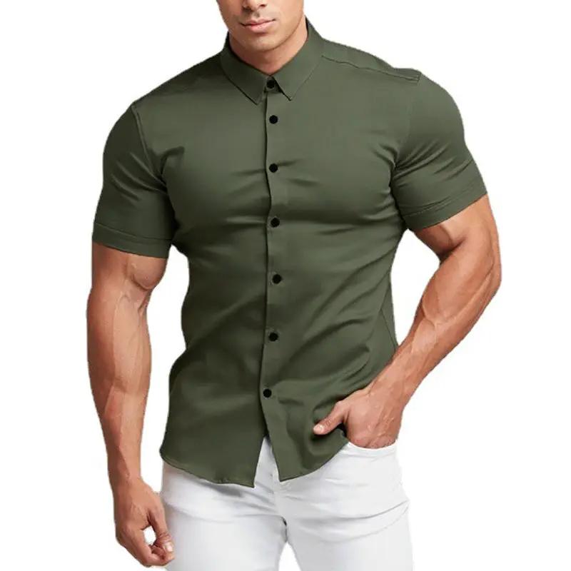 Slim-fit short-sleeve dress shirt for men's olive green, casual luxe style