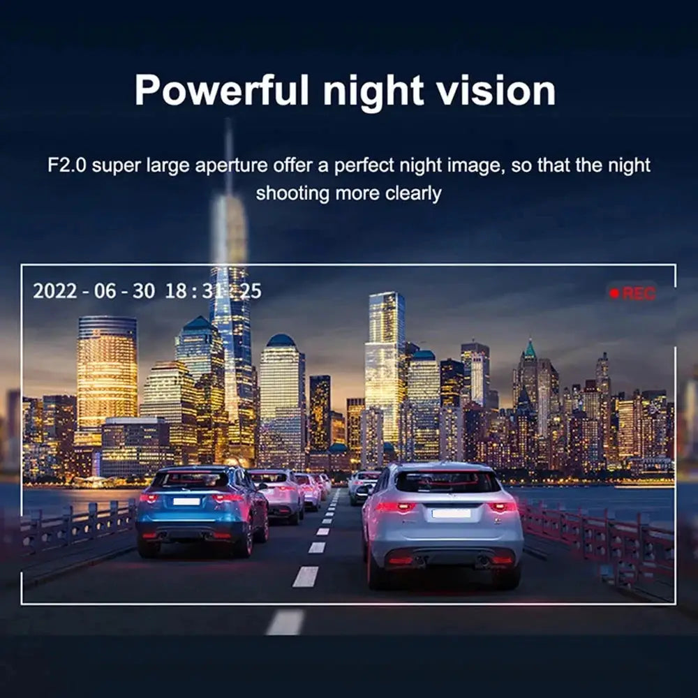 Dash cam: Simples Market 1080P WiFi dual-camera car DVR with front and interior lenses, IR night vision.