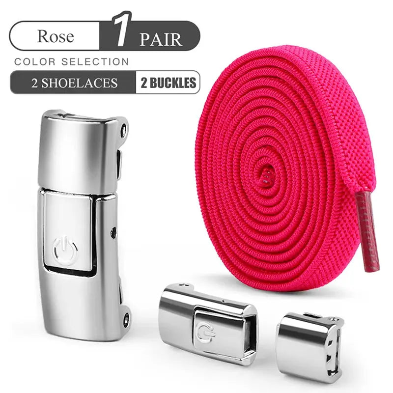 Simples Market pink 8mm no-tie elastic shoelaces with press-lock system for sneakers, includes 2 buckles