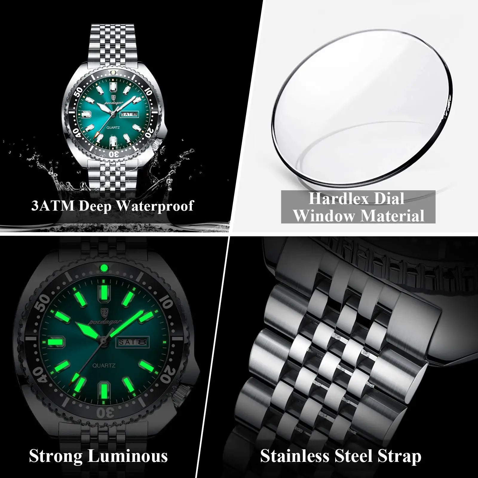 POEDAGAR men's stainless steel watch from Simples Market with green dial, date window, luminous hands