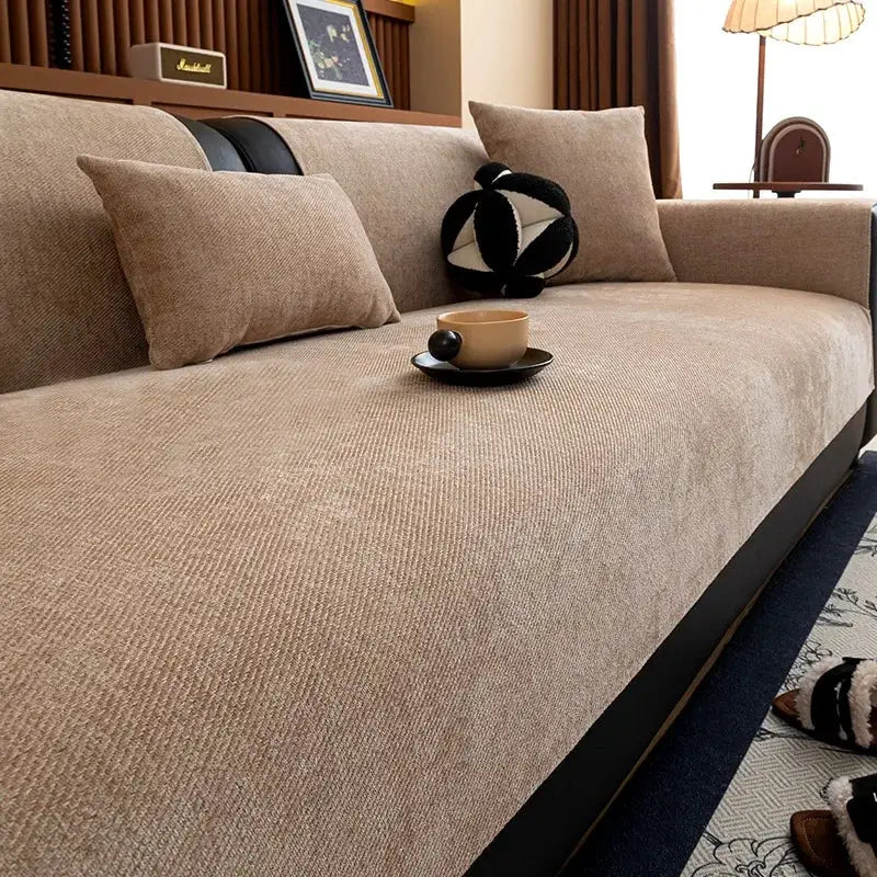 Sofa cover by Simples Market in beige chenille twill; anti-slip slipcover for all seasons