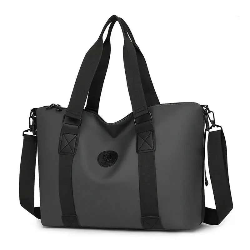 Simples Market travel duffel bag in gray Oxford cloth; waterproof, large-capacity with dual handles and shoulder strap.